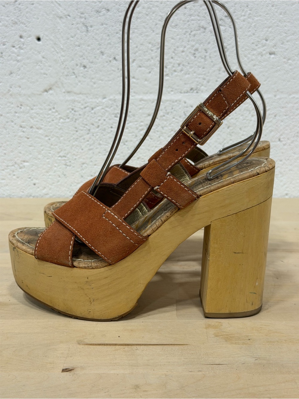Sam Edelman Rust Suede Platform Sandals with Wooden Block Heel